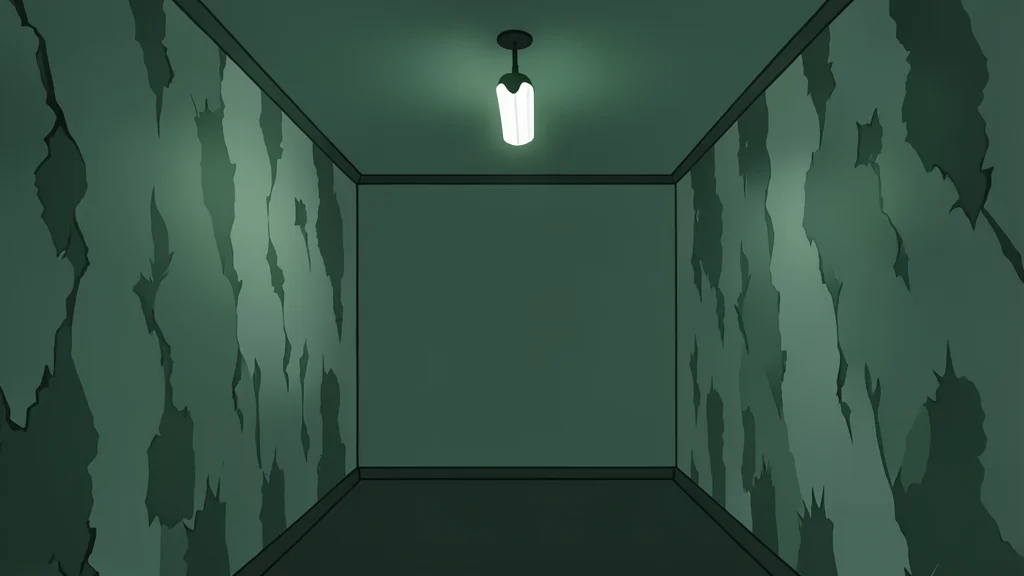 A dimly lit, narrow corridor with peeling wallpaper and a single flickering fluorescent light tube hanging from the ceiling.