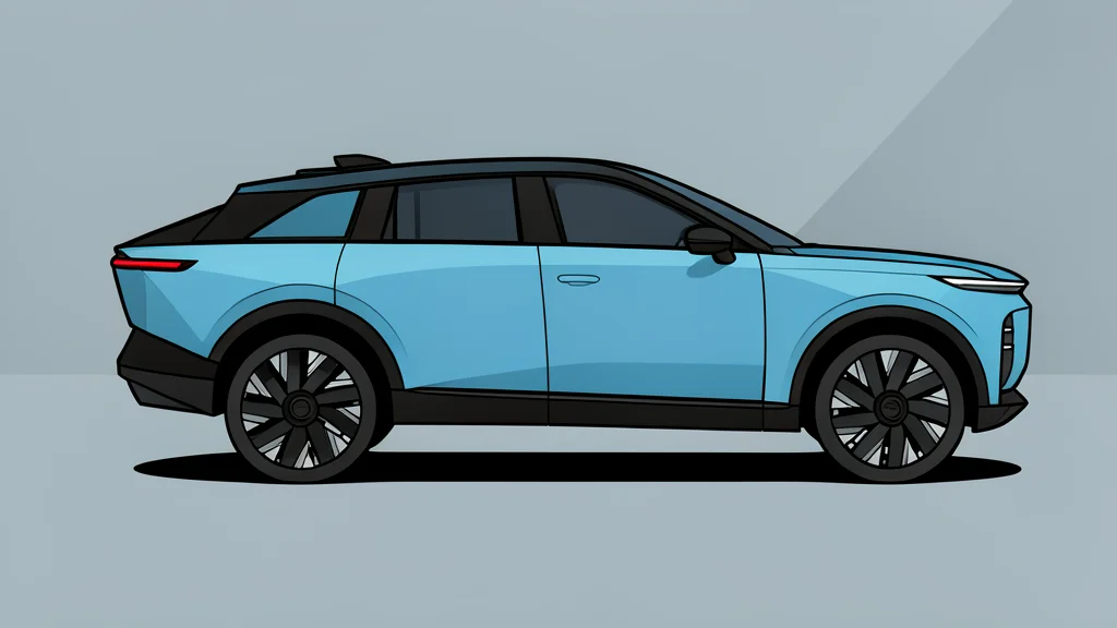 A sleek, futuristic electric SUV parked on a smooth, reflective surface with a minimalist background