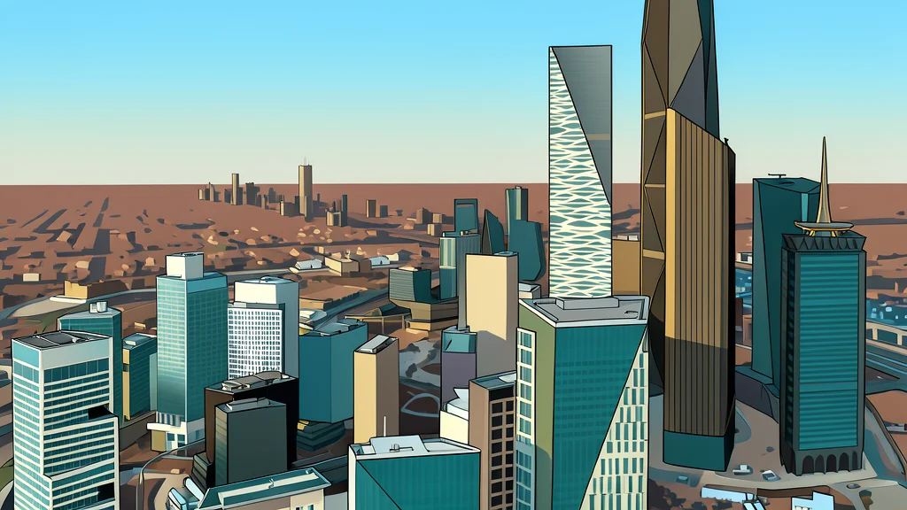 A modern glass skyscraper reflecting the blue sky and desert landscape