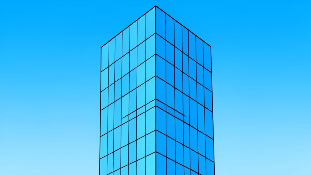 A modern glass skyscraper reflecting a clear blue sky
