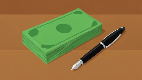 A stack of physical currency notes and a fountain pen resting on a wooden desk