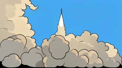 A white rocket standing vertically on a concrete launch pad against a clear blue sky