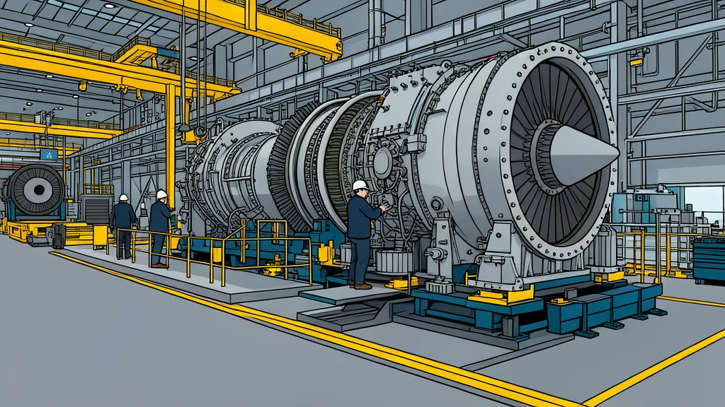 A detailed view of an industrial gas turbine engine showing cooling fins and exhaust ducts.
