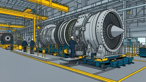 A detailed view of an industrial gas turbine engine showing cooling fins and exhaust ducts.