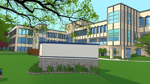 A flat-vector illustration of a modern classroom interior featuring rows of desks and a large whiteboard.