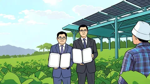A solar panel array installed above rows of green crops in a field