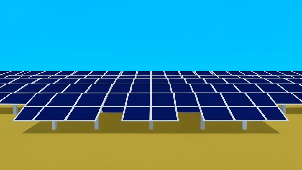 A vast field of solar panels stretching toward a bright blue sky.