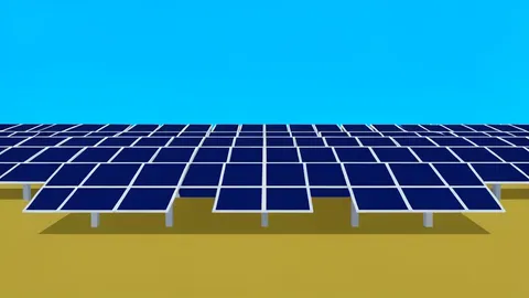 A vast field of solar panels stretching toward a bright blue sky.