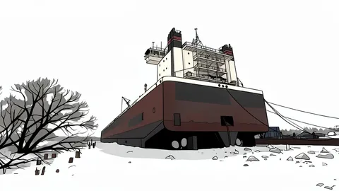 A large bulk carrier ship floating on a wide, calm lake surrounded by industrial docks and cranes