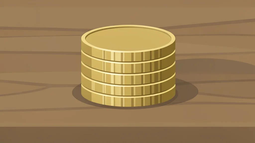 A stack of metallic coins resting on a wooden desk surface