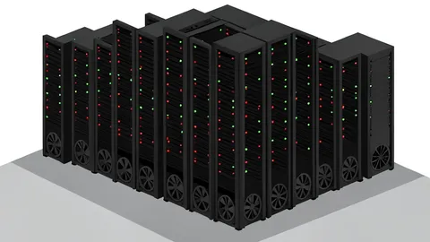 A server room with rows of blinking lights and cooling fans