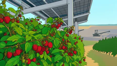 A field of red raspberries growing beneath a grid of elevated solar panels