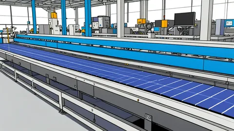 A vast field of dark blue photovoltaic panels stretching toward the horizon under a clear sky
