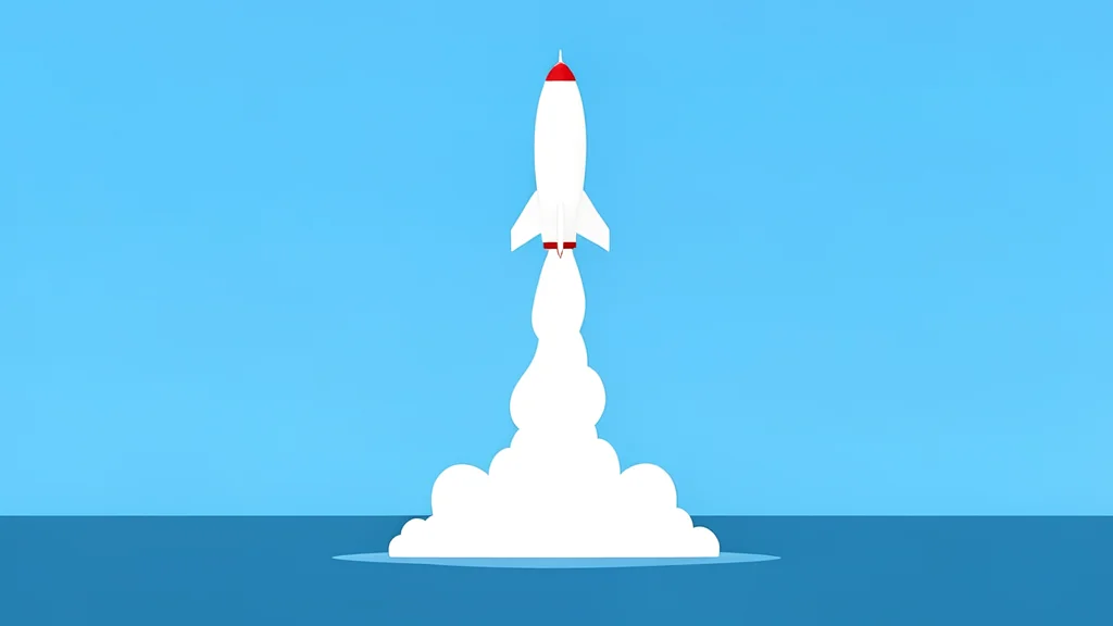 A white rocket ascending vertically from a calm ocean surface, leaving a trail of white smoke against a blue sky