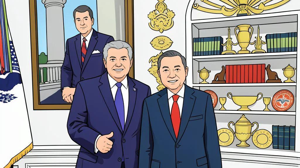 A flat-vector illustration of two officials shaking hands in front of a large, neutral abstract backdrop.