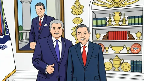 A flat-vector illustration of two officials shaking hands in front of a large, neutral abstract backdrop.