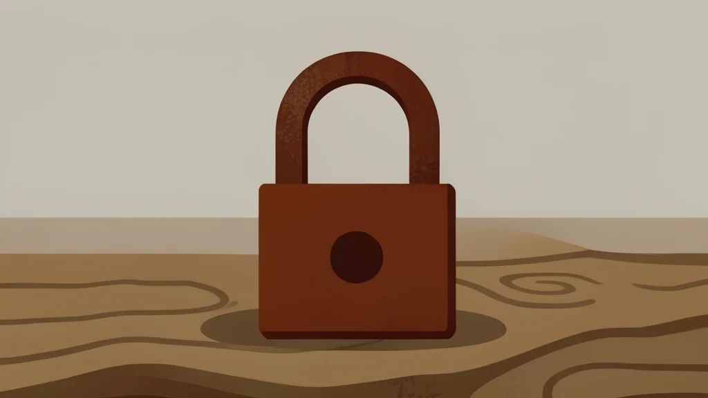 A heavy steel padlock resting on a rough wooden surface