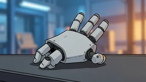 A flat-vector illustration of a factory floor with robotic arms assembling mechanical figures on a conveyor belt.