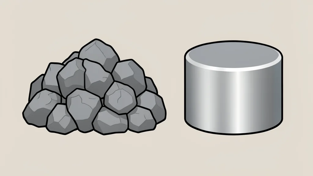 A raw pile of grey mineral ore next to a polished, cylindrical metallic magnet