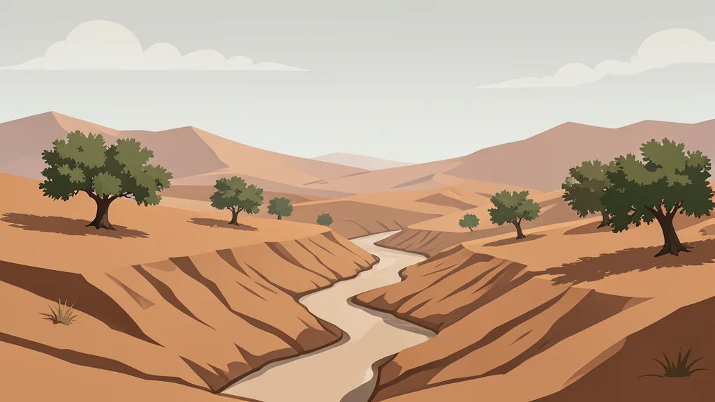 A rugged, arid landscape with dry riverbeds and scattered olive trees under a hazy sky.