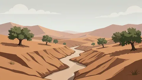 A rugged, arid landscape with dry riverbeds and scattered olive trees under a hazy sky.