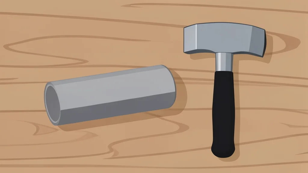 A geological core sample lying on a wooden table next to a geological hammer