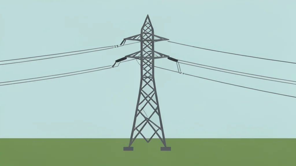 A high-voltage electricity pylon standing in a grassy field with power lines stretching into the distance