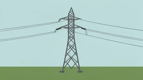 A high-voltage electricity pylon standing in a grassy field with power lines stretching into the distance