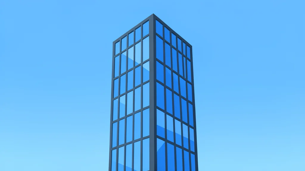 A modern glass skyscraper reflecting a clear blue sky