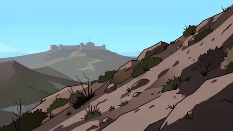A rugged, rocky hillside border area with sparse vegetation and a distant view of a fortified military position