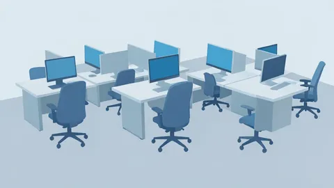 A modern office workspace with empty chairs and desks
