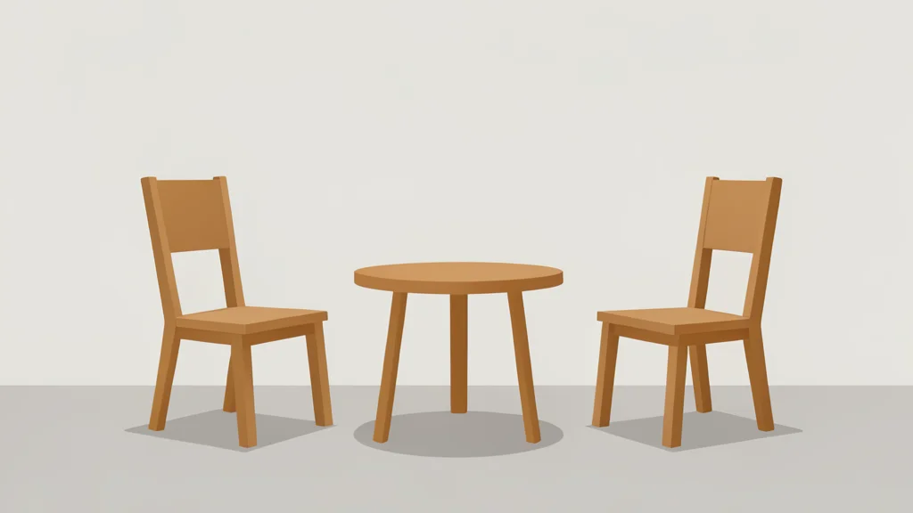 Two wooden chairs facing each other across a round table in a large room
