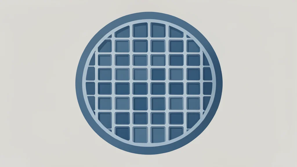 A close-up view of a silicon wafer with a grid of square integrated circuits