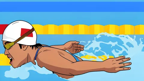 A competitive swimming pool with clear blue water and lane ropes