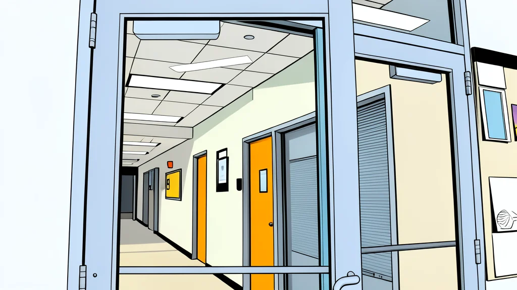 A flat-vector illustration of a wooden university lecture hall with rows of empty chairs and a blackboard.