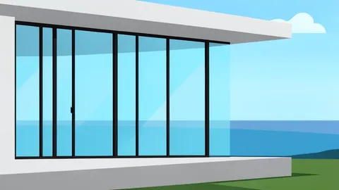 A modern residential building facade with large glass windows overlooking a calm ocean horizon