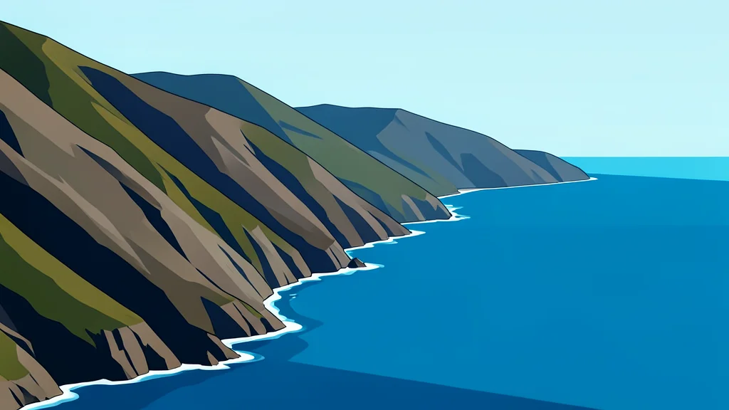 A rugged mountainous coastline meeting the sea, with a narrow strait visible in the distance