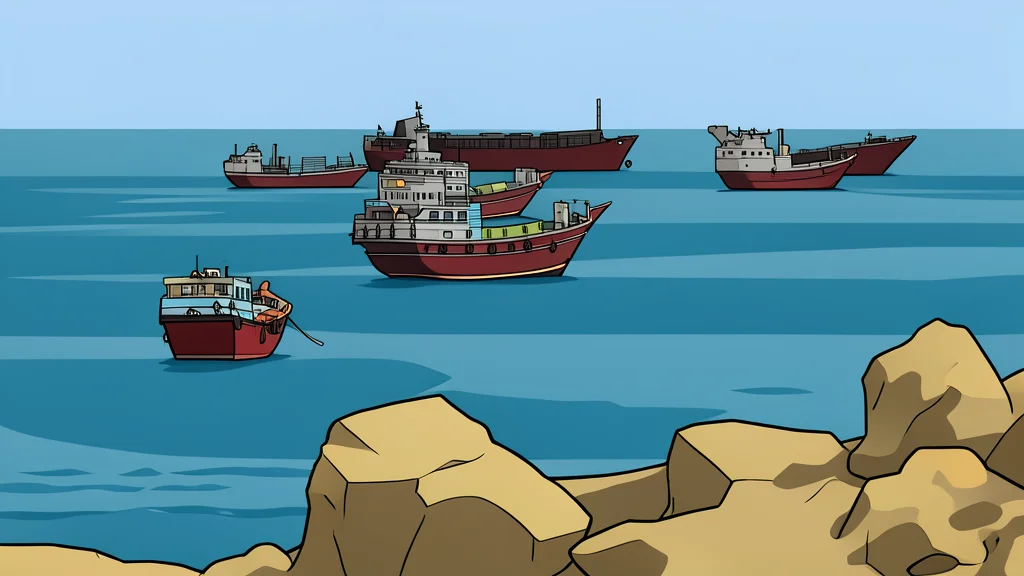 A large oil tanker ship navigating through a narrow, rocky strait between two arid coastlines