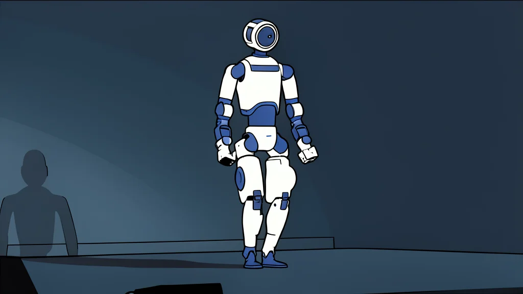 A sleek, silver humanoid robot standing in a warehouse aisle next to a stack of cardboard boxes
