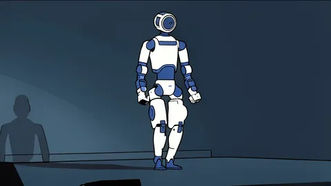 A sleek, silver humanoid robot standing in a warehouse aisle next to a stack of cardboard boxes