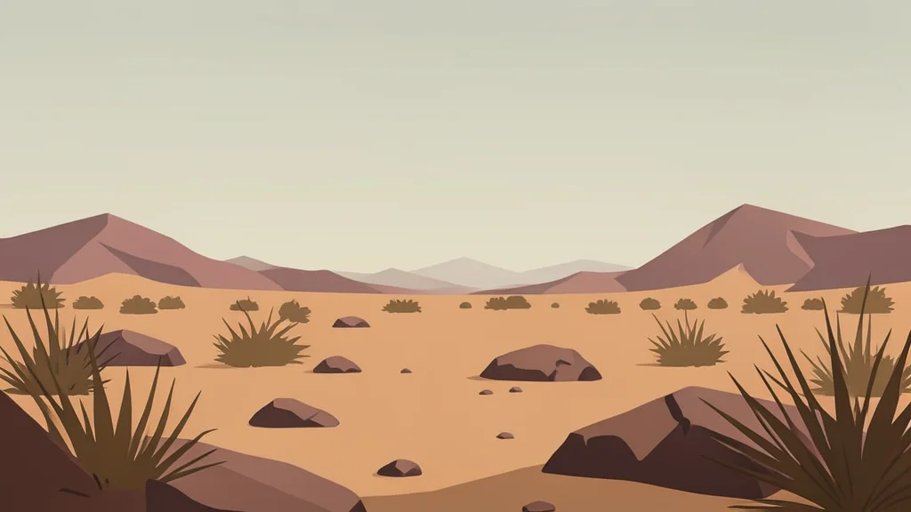 A rugged, arid desert landscape with scattered rocks and dry scrub brush under a hazy sky