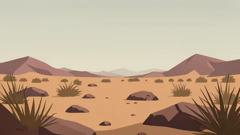 A rugged, arid desert landscape with scattered rocks and dry scrub brush under a hazy sky
