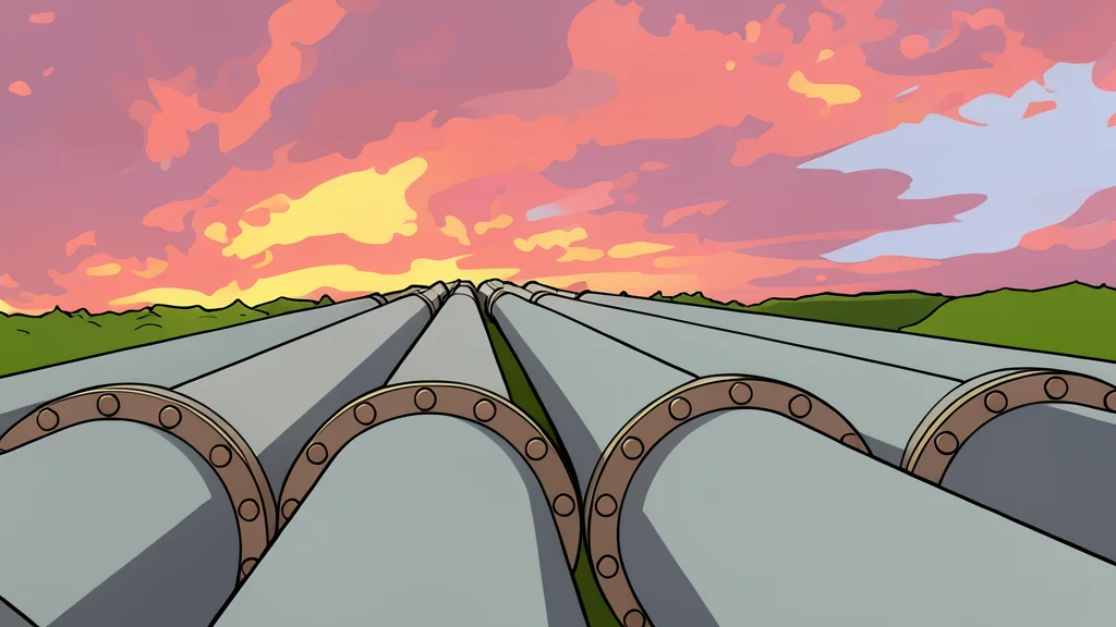A network of large industrial metal pipes stretching across a flat landscape
