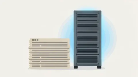 A stack of printed newspapers next to a glowing server rack