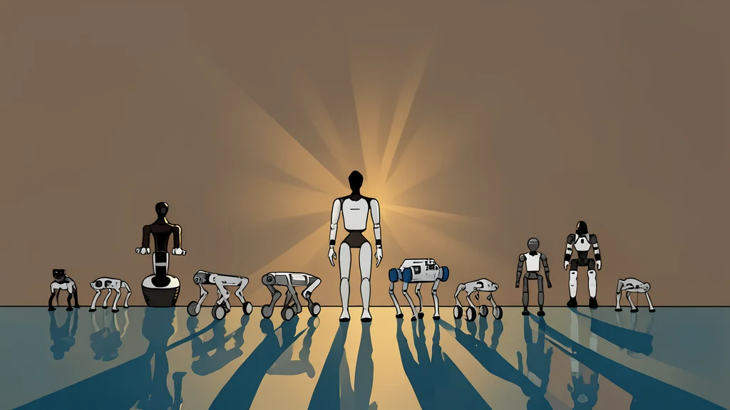 A sleek, silver humanoid robot standing next to a four-legged robotic dog on a polished concrete floor