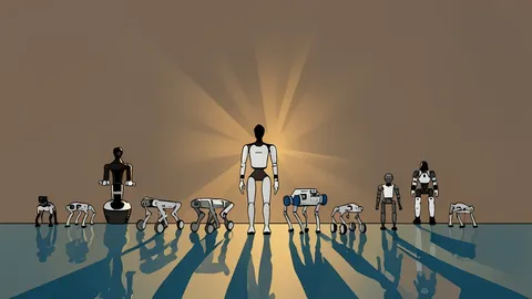 A sleek, silver humanoid robot standing next to a four-legged robotic dog on a polished concrete floor