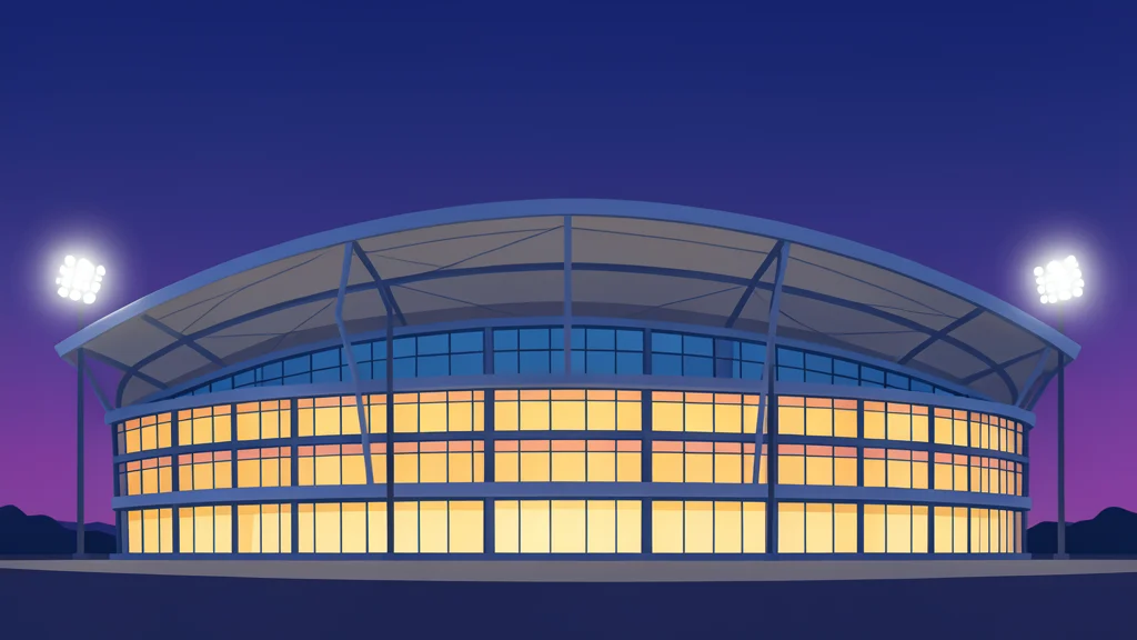 A modern stadium exterior with a curved roof and glass walls illuminated by floodlights against a twilight sky.