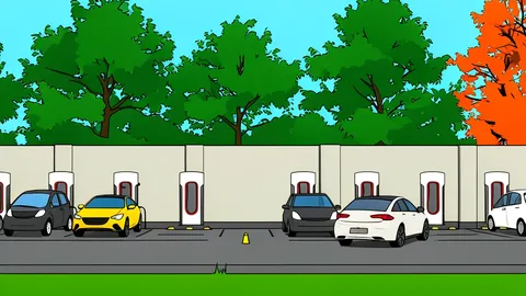A row of electric vehicle charging stations standing in a parking lot under an overcast sky