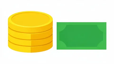 A stack of gold coins next to a green banknote