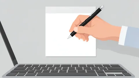 A flat vector illustration of a human hand holding a pen hovering over a blank sheet of paper next to a laptop keyboard.